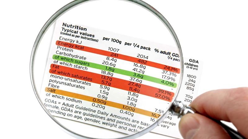 A magnifying glass being held over a food contents description label