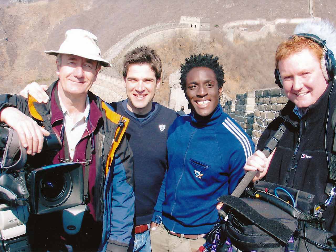 ALex Leger with the Blue Peter team on the Great Wall of China
