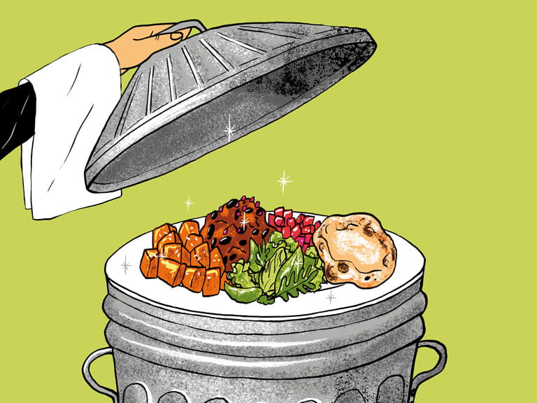 An illustration of a waiter displaying food in a bin