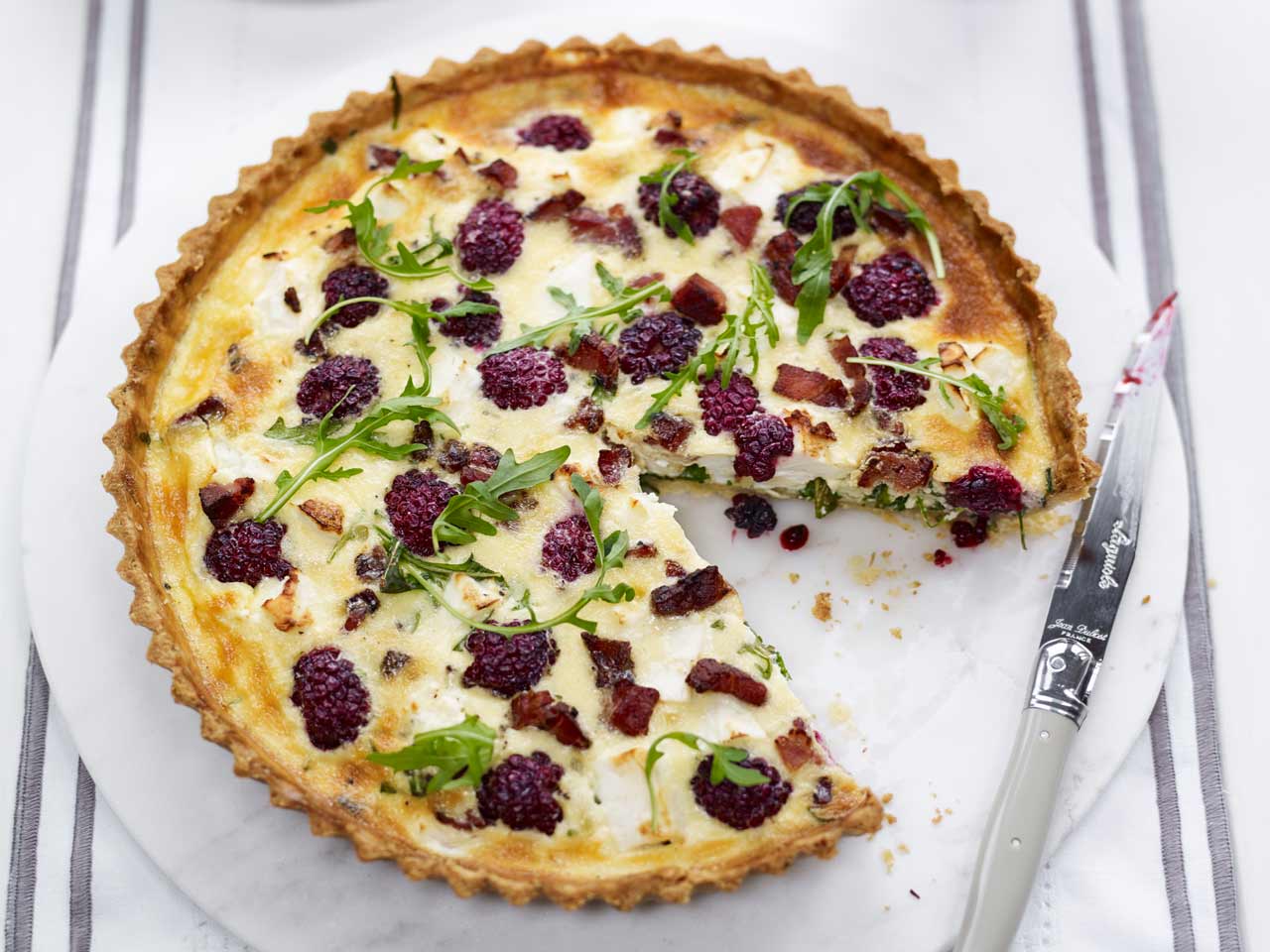 Blackberry, goats cheese and bacon quiche
