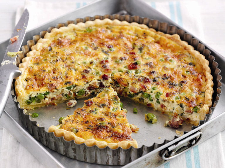 Minted pea and pancetta quiche