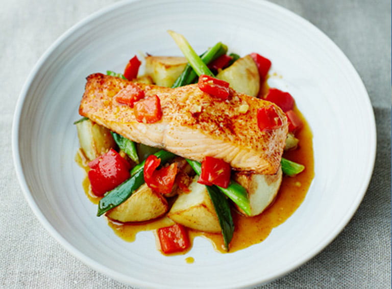 Roast salmon and King Edward potatoes with sweet and sour relish 