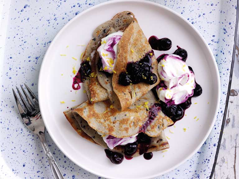Blueberry buckwheat crepes with Greek yoghurt and blueberry compote