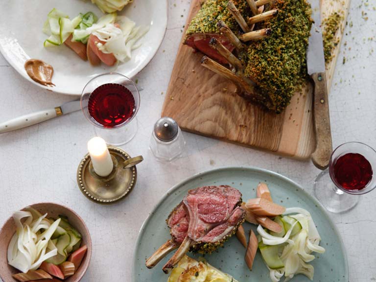Roast rack of lamb with a rye, herb and spice crust