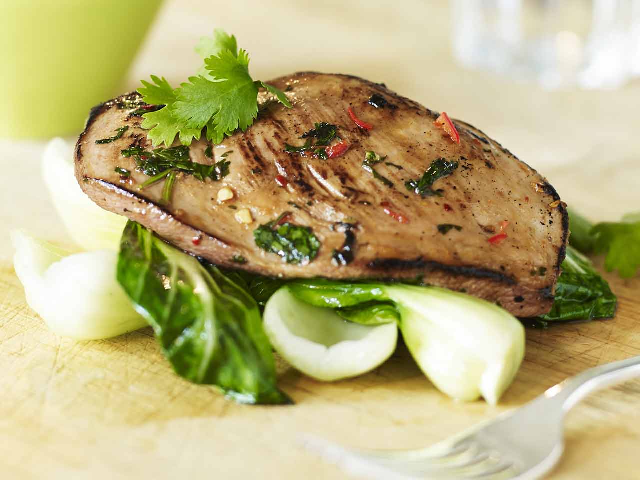 Seared lime and coriander duck breast with pak choi