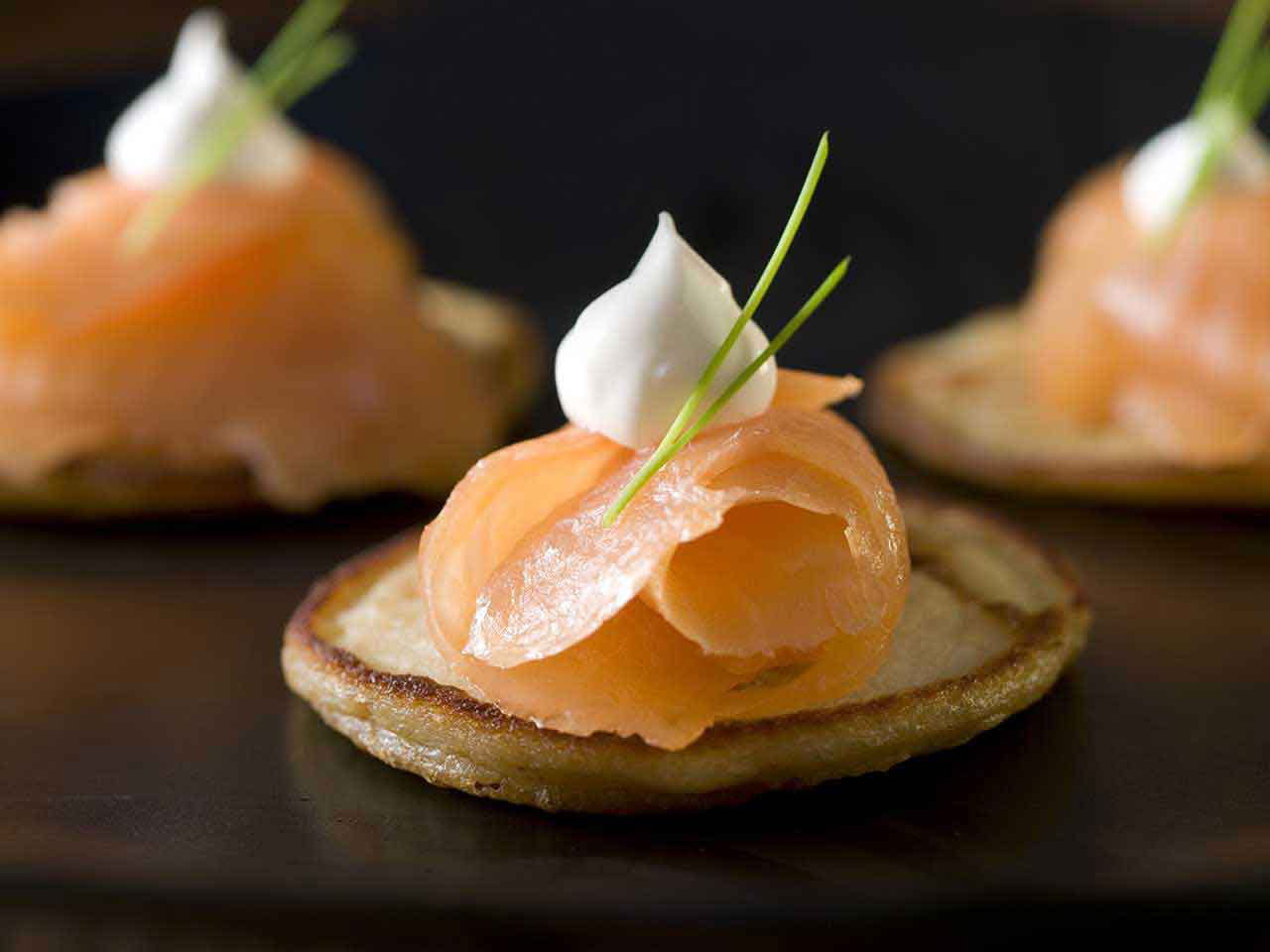 Blinis with smoked salmon and crème fraiche and dill