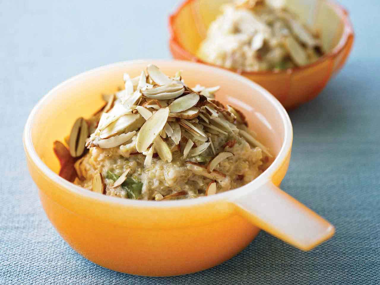 Chilled apple, pear and quinoa porridge with raw almonds