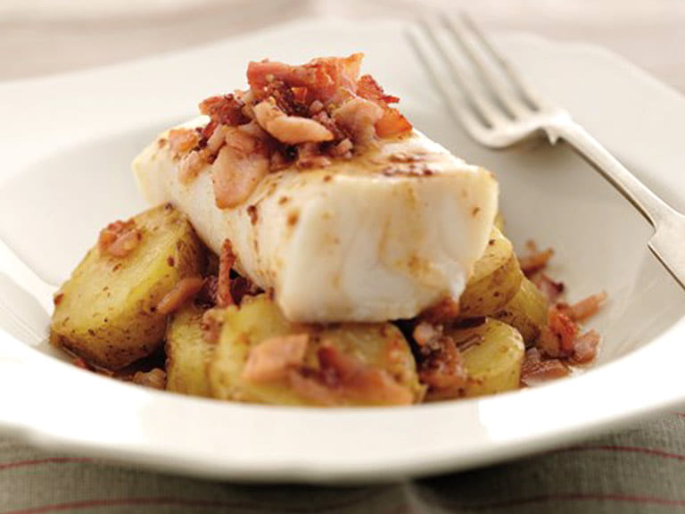 Roast cod and bacon-crushed Jersey Royals
