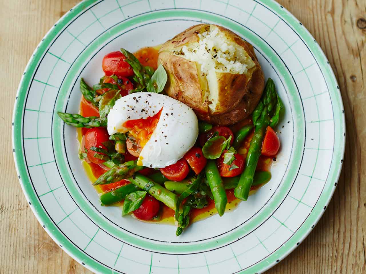 Alex Mackay’s baked King Edwards with asparagus, poached egg and tomato dressing with basil 