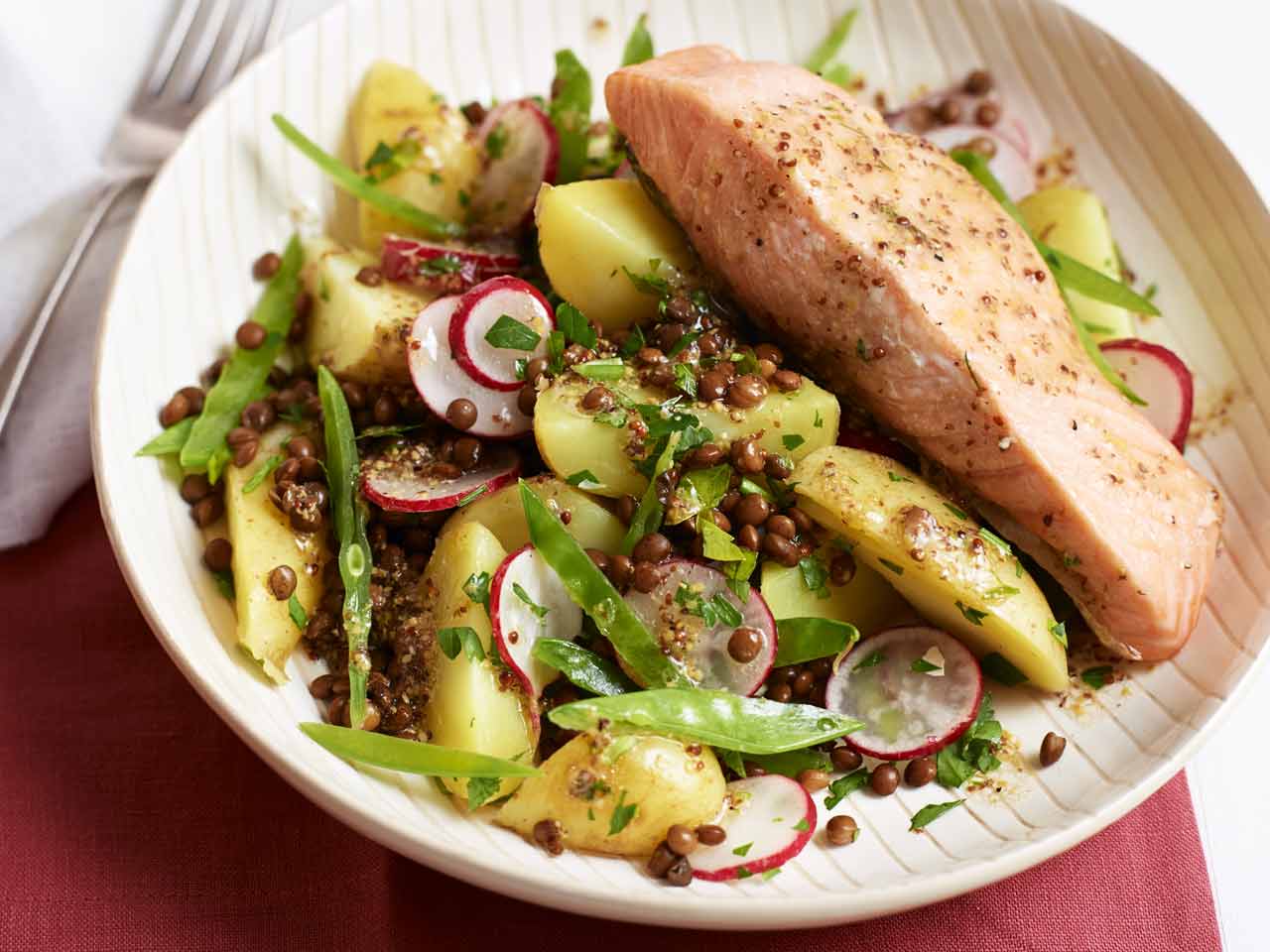 Potato and lentil salad with radish, mange tout with grilled salmon