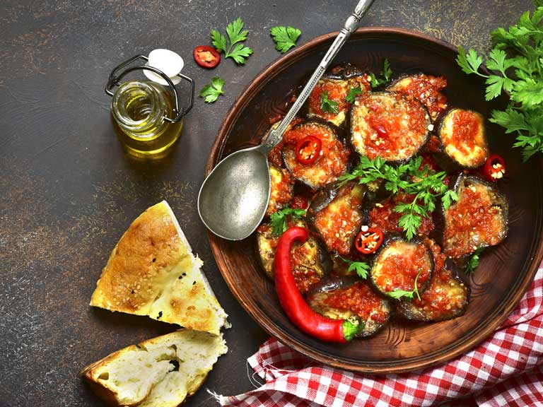 Aubergine and tomato are Mediterranean diet staples