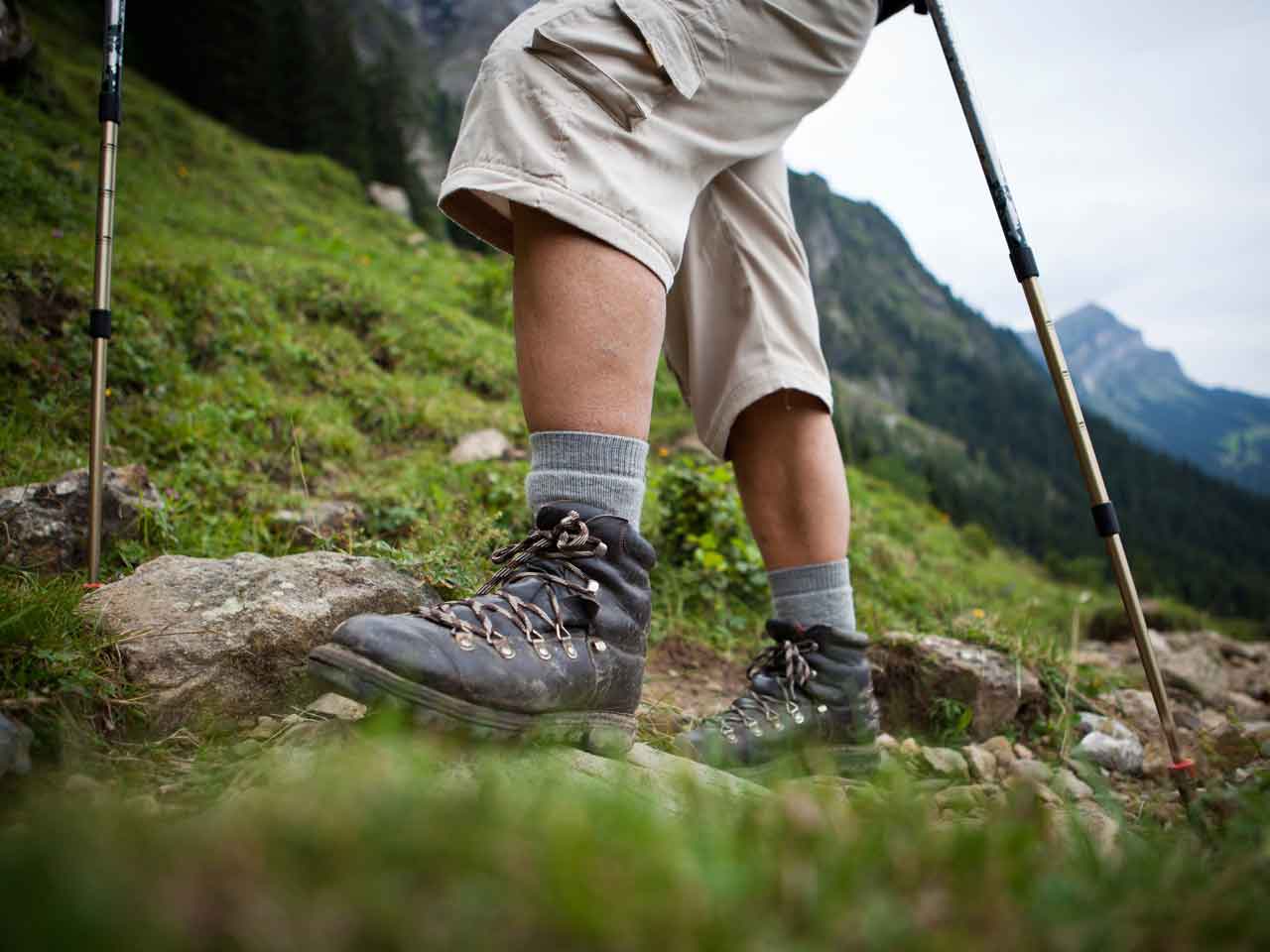 A hiker practicing Nordic walking using poles