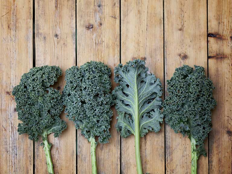 Pieces of Kale on a wooden board