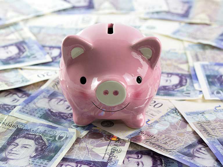 A piggy bank sits on a pile of £20 notes to represent holding too much in cash