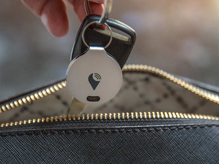 Silver TrackR attached to keys