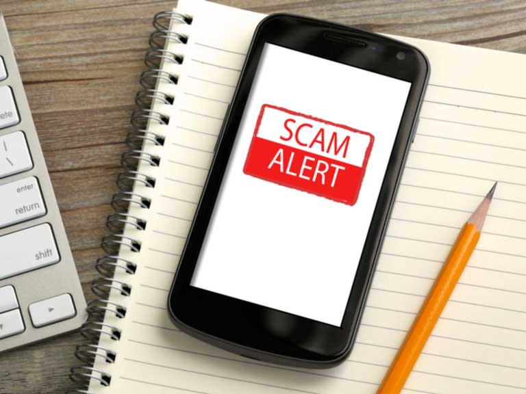 Mobile phone with the words Scam Alert on the screen