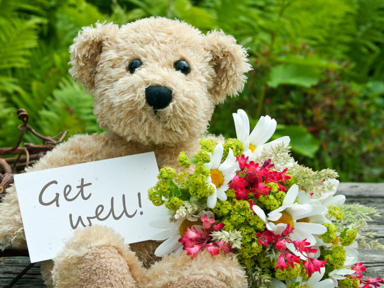 Get well soon teddy and flowers