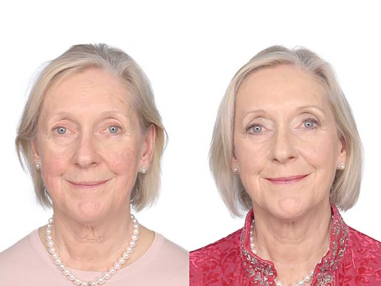 An older woman models Look Fabulous Forever make-up