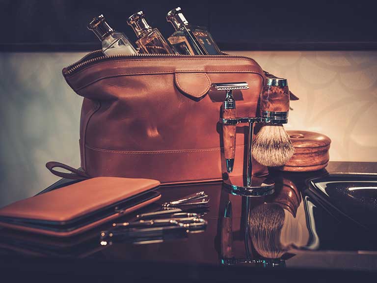 A washbag filled with essential grooming accoutrements for gentlemen