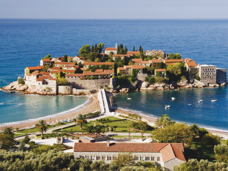 Sveti Stefan, a coastal village on the Budva Riviera, Montenegro 