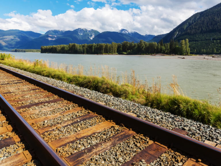 Rail track through the Rocky Mountains in Canada