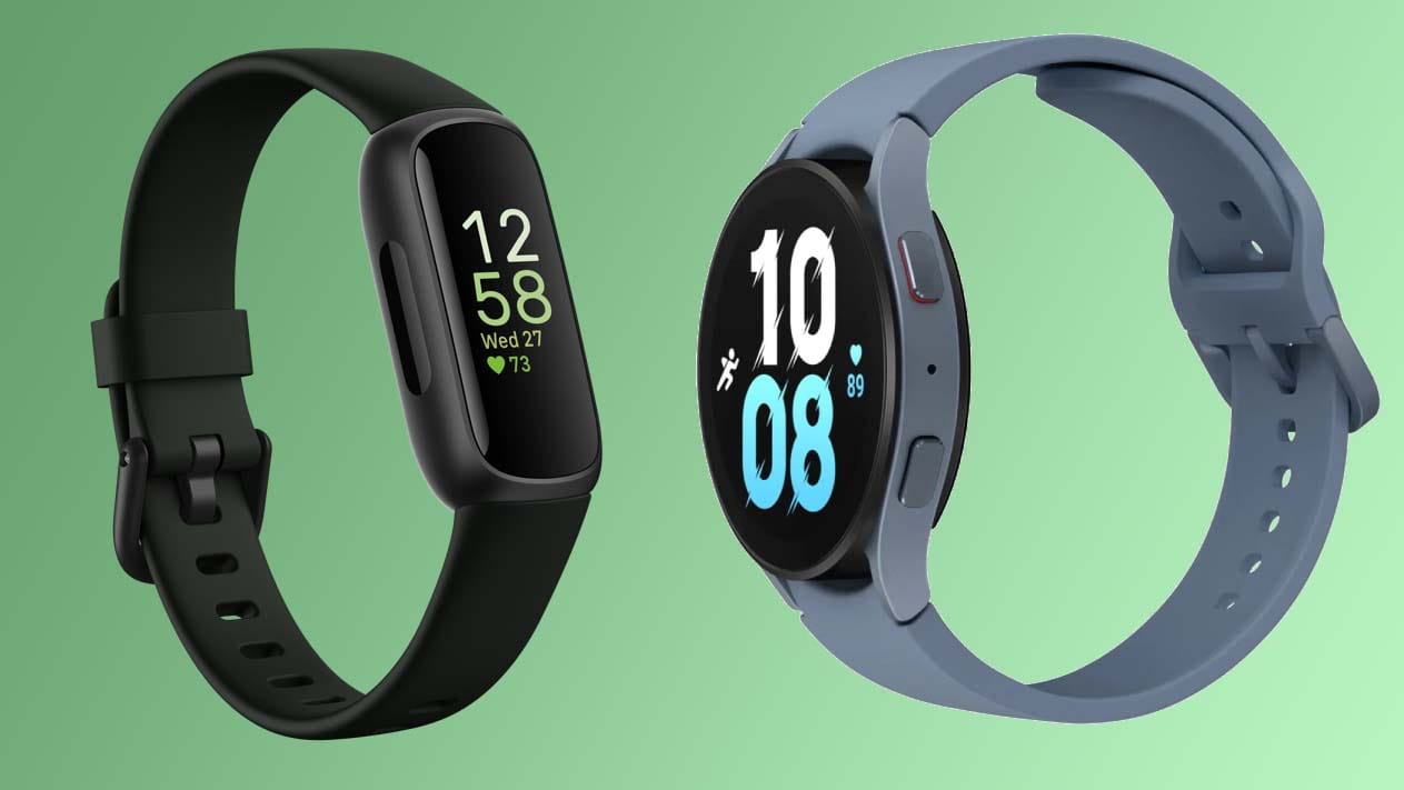 a fitness tracker and a smart watch on a green background
