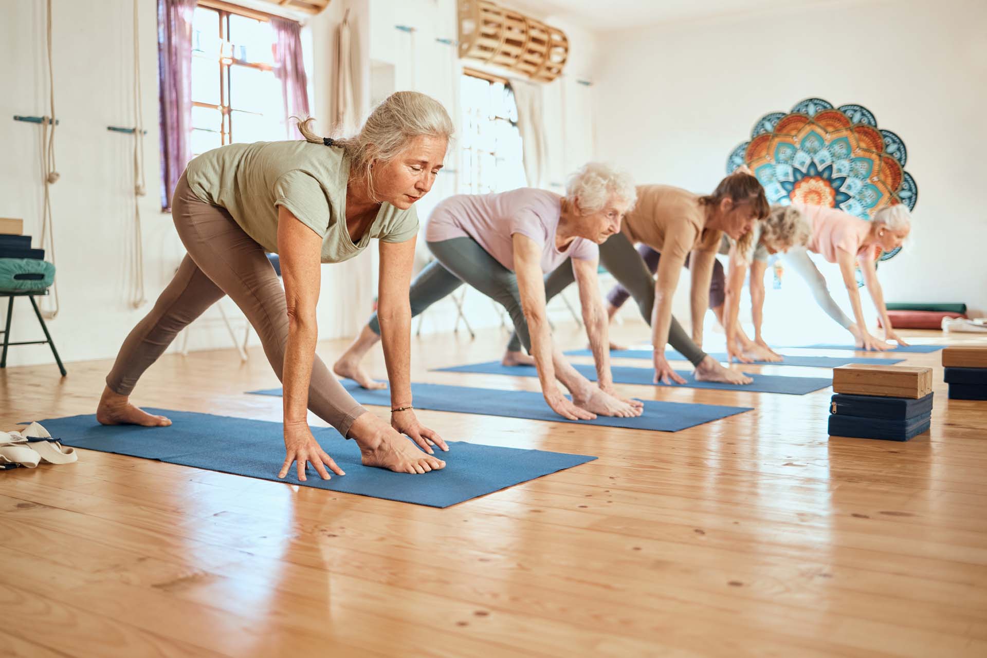A group of older women in a yoga class
