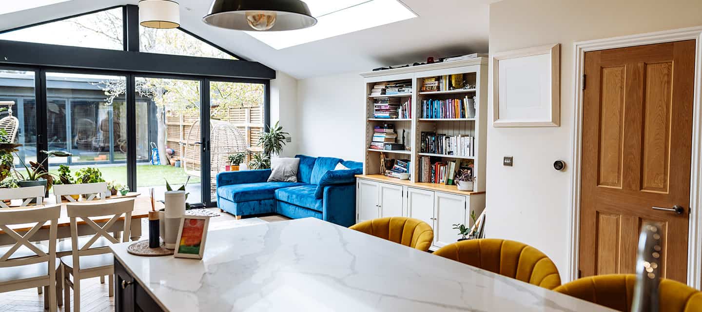 British modern home interior with open space kitchen