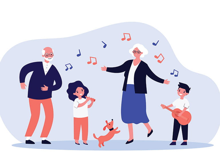 An illustration deicting grandparents having fun with grandchildren out of love not duty