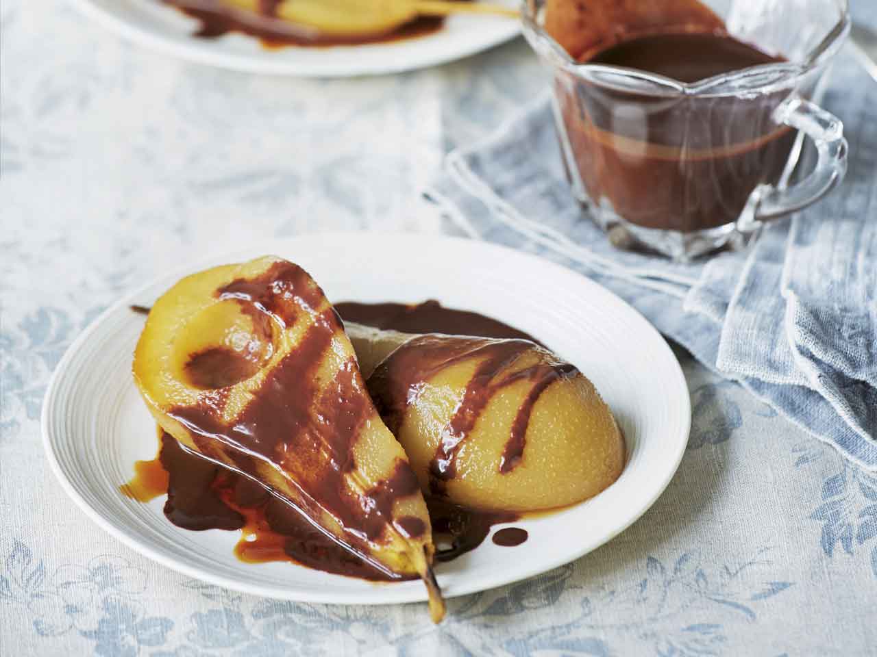 Poached pears with chocolate sauce