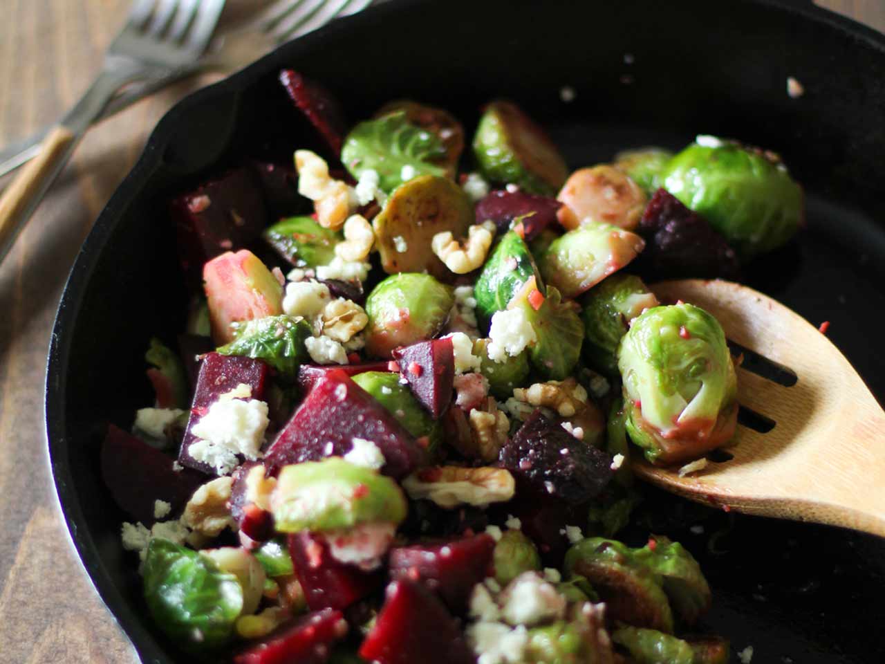 Honey-glazed Brussels sprouts with beetroot