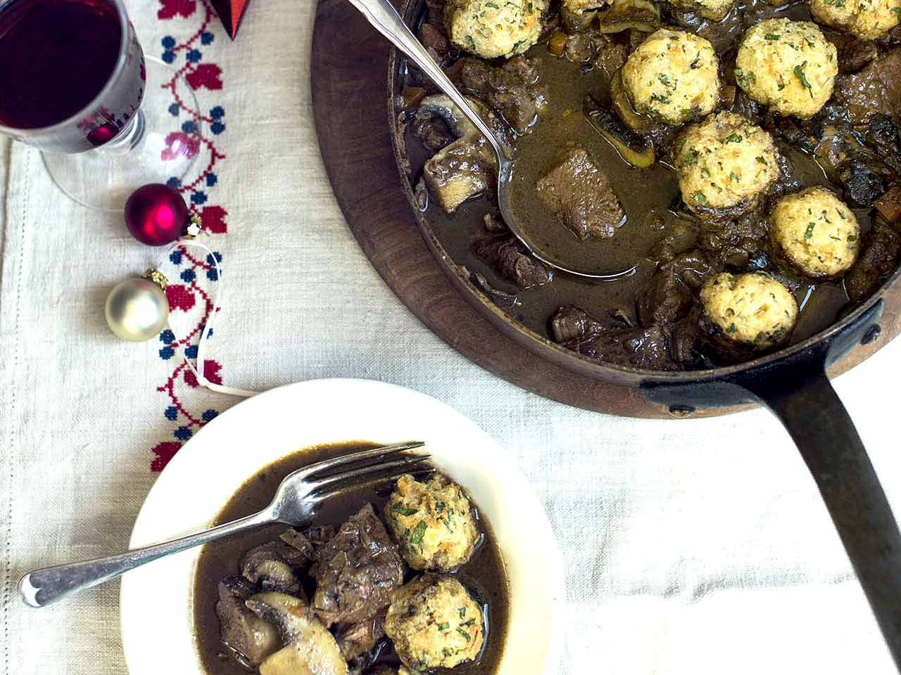 Beef and wild mushrooms in stout with horseradish dumplings