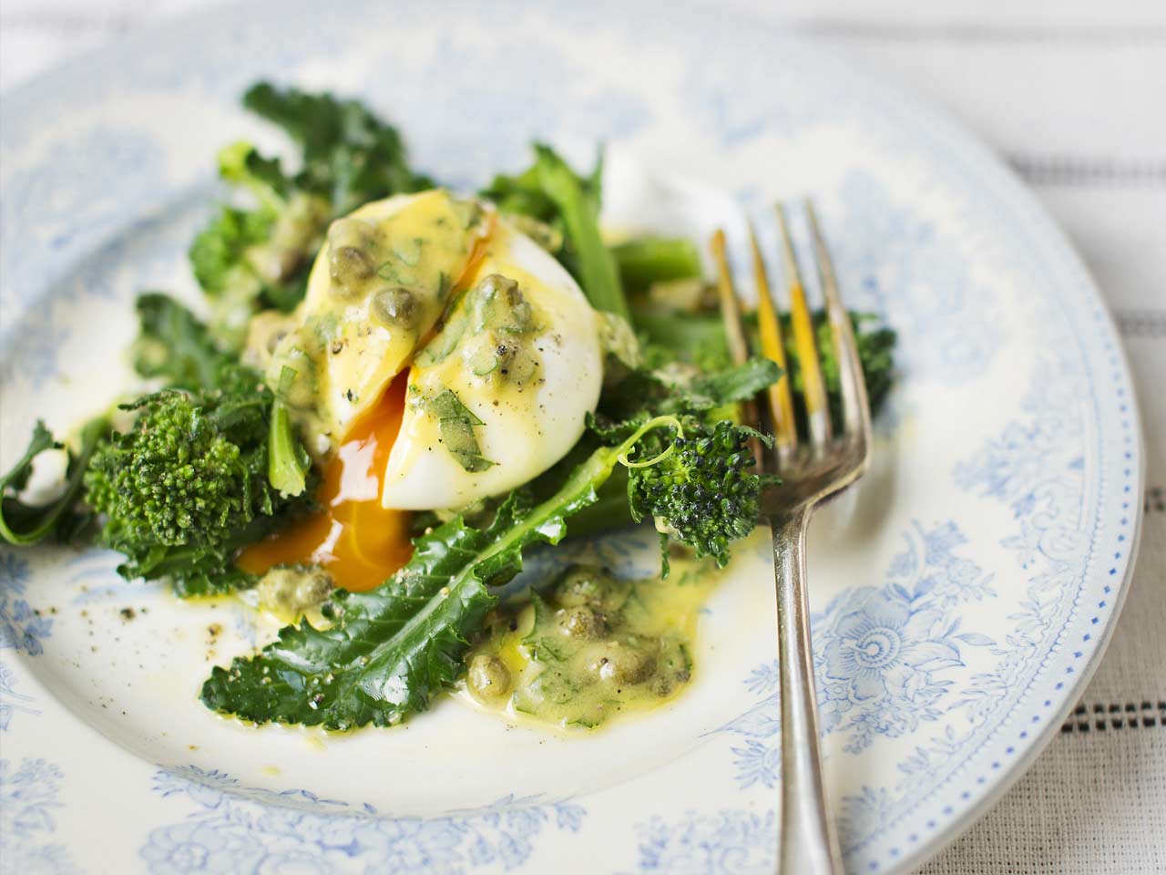 Purple sprouting broccoli and soft-boiled egg