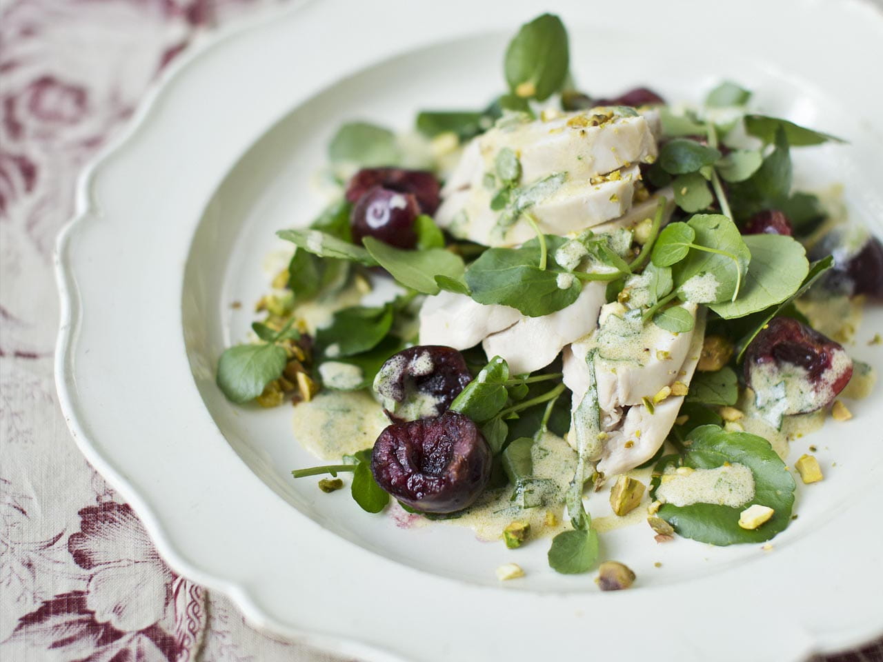 Chicken salad with cherries, watercress and tarragon dressing
