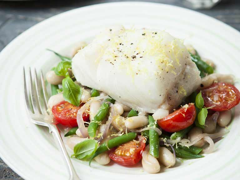 Baked fish with greens and beans by the Hairy Bikers