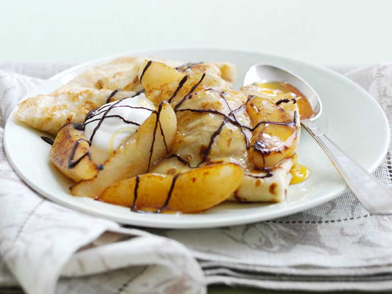 Caramelised pear and chocolate pancakes