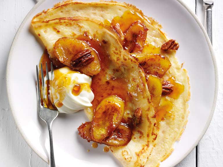 Caramelised banana and pecan pancakes