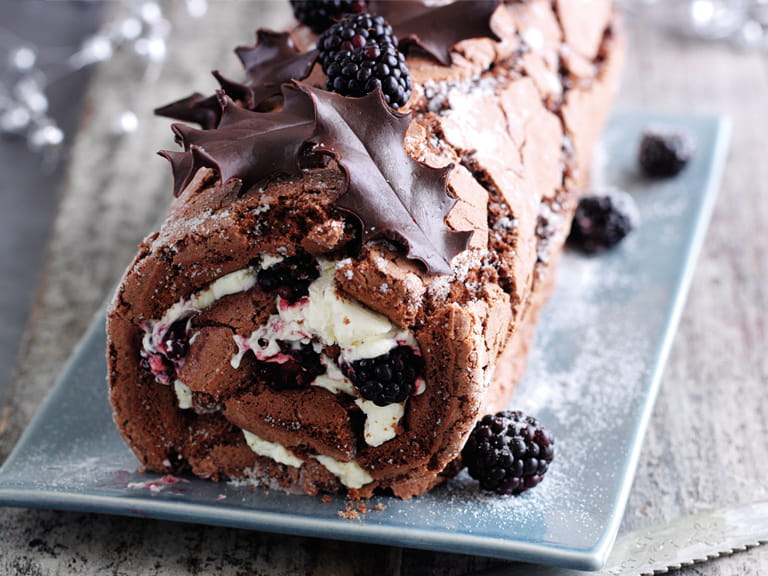 Chocolate roulade with boozy blackberries