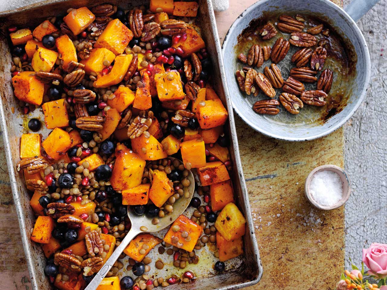 Roasted pumpkin with blueberries and spiced lentils