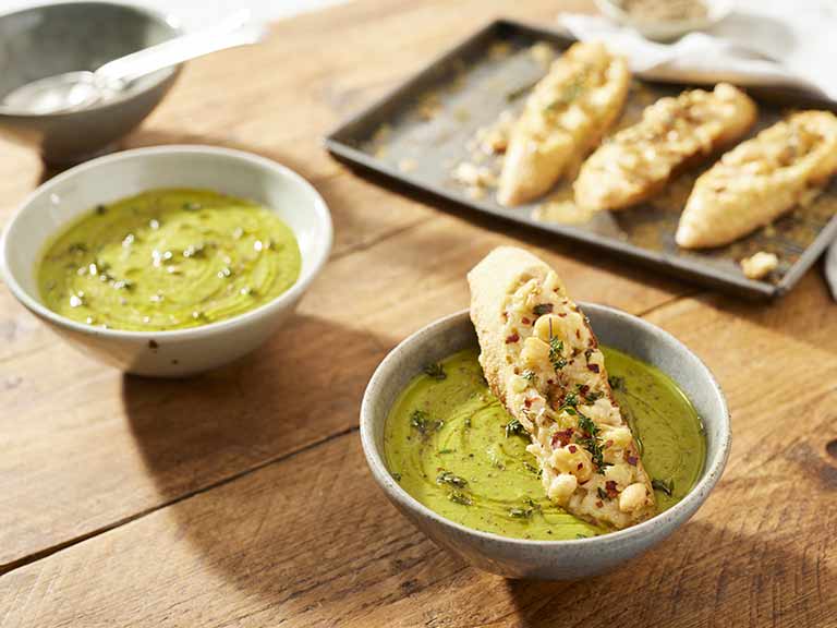 Jamie Oliver's spring soup with cheesy crusty bread