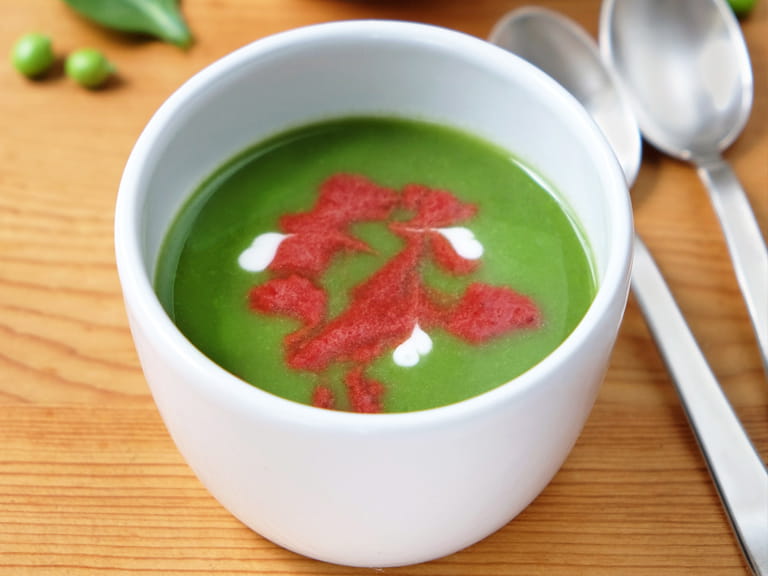 Pea and spinach soup with a beetroot swirl