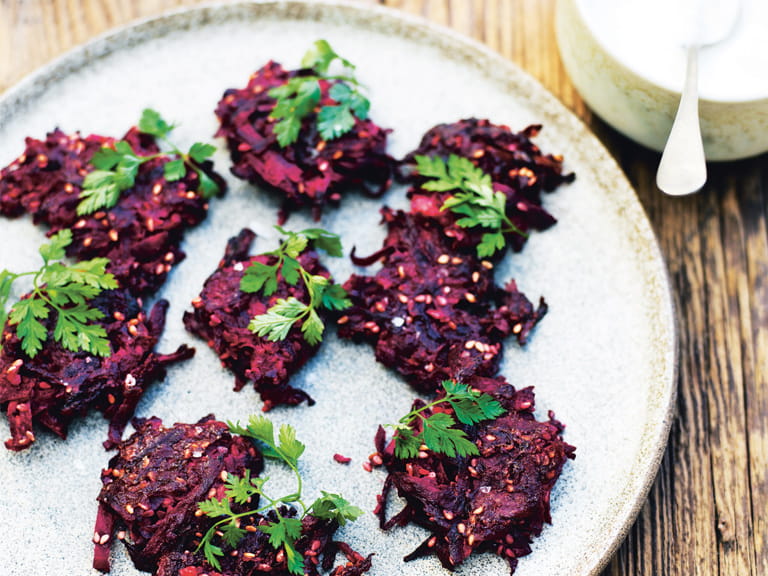 Beetroot fritters with horseradish cream