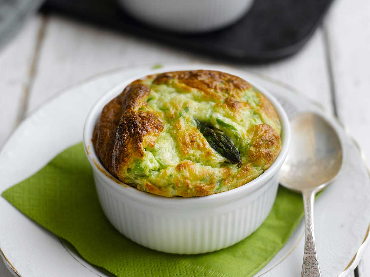 British asparagus, pea and goat’s cheese soufflés 