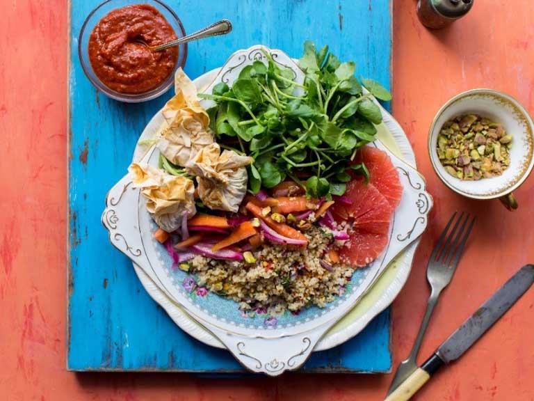 Moroccan couscous salad with feta parcels, watercress and harissa yoghurt