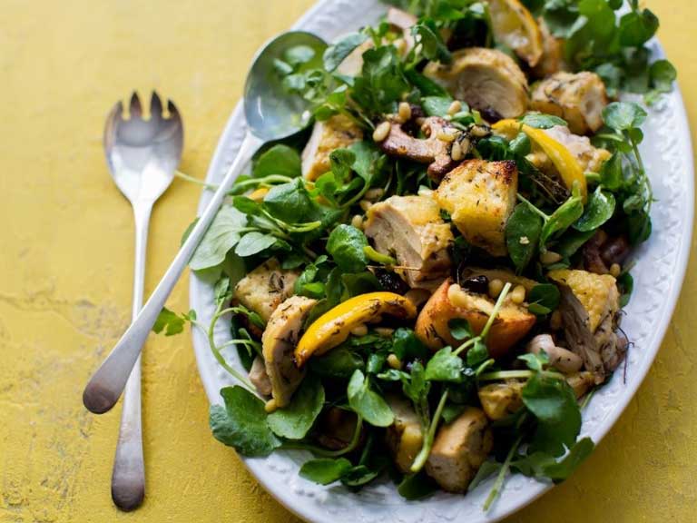Roast chicken and wild mushroom watercress salad with pine nuts and raisins