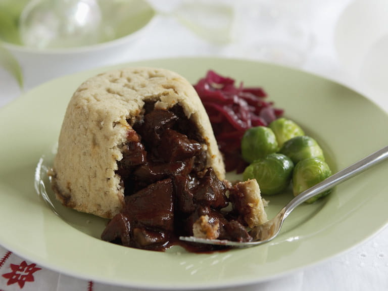 Mushroom and chestnut puddings with a red wine sauce