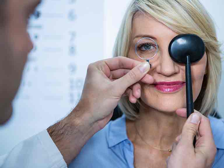 Woman having sight tested by optometrist