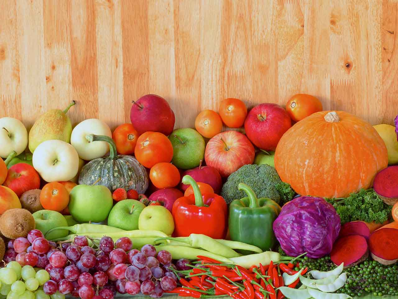Colourful display of healthy fruit and vegetables