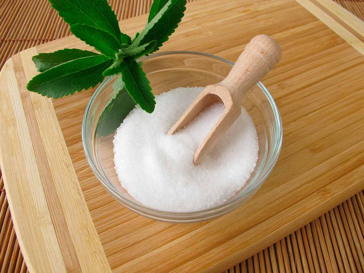 Stevia leaf and crystals, a sugar alternative