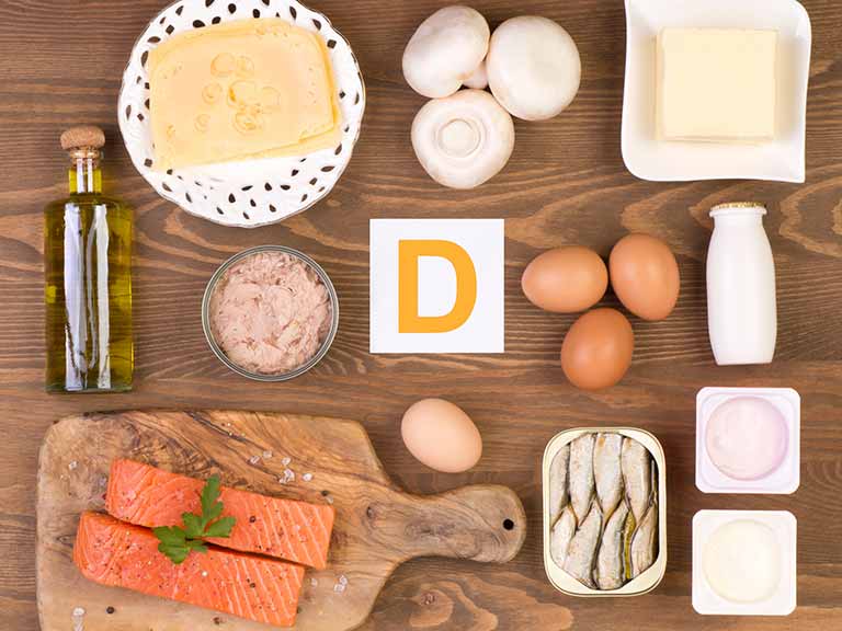 Dietary sources of vitamin D include salmon, egg yolks and tinned tuna